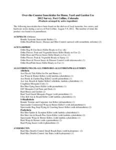 Over-the-Counter Insecticides for Home, Yard and Garden Use 2012 Survey, Fort Collins, Colorado (Products arranged by active ingredient) The following insecticides have been found on the shelves of local nurseries, box s