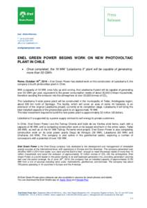 ENEL GREEN POWER BEGINS WORK ON NEW PHOTOVOLTAIC PLANT IN CHILE  Once completed, the 19 MW “Lalackama II” plant will be capable of generating more than 50 GWh.