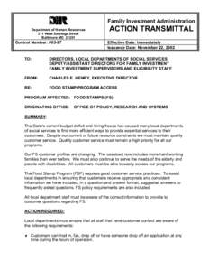 Family Investment Administration Department of Human Resources 311 West Saratoga Street Baltimore MD[removed]Control Number: #03-27