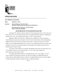 PRESS RELEASE FOR IMMEDIATE RELEASE Date: October 4, 2013