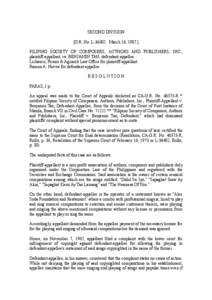 SECOND DIVISION [G.R. No. L[removed]March 16, [removed]FILIPINO SOCIETY OF COMPOSERS, AUTHORS AND PUBLISHERS, INC., plaintiff-appellant, vs. BENJAMIN TAN, defendant-appellee. Lichauco, Picazo & Agcaoili Law Office for plain