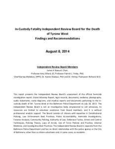 In-Custody Fatality Independent Review Board for the Death of Tyrone West Findings and Recommendations August 8, 2014