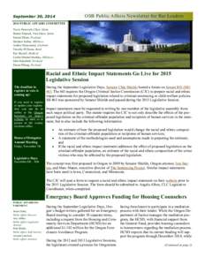 OSB Public Affairs Newsletter for Bar Leaders  September 30, [removed]PUBLIC AFFAIRS COMMITTEE Travis Prestwich, Chair, Salem Hunter Emerick, Vice-Chair, Salem