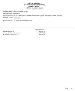 STATE OF TENNESSEE DEPARTMENT OF TRANSPORTATION SUMMARY OF BIDS LETTING OF AUGUST 16, 2013 STEWART COUNTY (Contract No. CNM937 Call 001) ARRA-FBD[removed]),[removed]