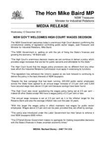 The Hon Mike Baird MP NSW Treasurer Minister for Industrial Relations MEDIA RELEASE Wednesday 12 December 2012