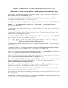 LITA/ALCTS CCS Authority Control in the Online Environment Interest Group Bibliography of Current Issues in Authority Control (covering January 2000 to July[removed]Adler, Elhanan. “Multilingual and multiscript subject a