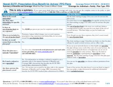 Hawaii EUTF: Prescription Drug Benefit for Actives’ PPO Plans Summary of Benefits and Coverage: What this Plan Covers & What it Costs Coverage Period: [removed] – [removed]Coverage for: Individual + Family | Plan 