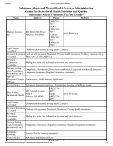 Facility Locator Search Results Substance Abuse and Mental Health Services Administration  Center for Behavioral Health Statistics and Quality 