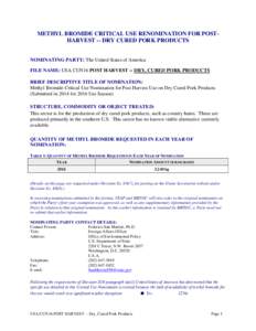 METHYL BROMIDE CRITICAL USE RENOMINATION FOR POSTHARVEST -- DRY CURED PORK PRODUCTS NOMINATING PARTY: The United States of America FILE NAME: USA CUN16 POST HARVEST -- DRY, CURED PORK PRODUCTS BRIEF DESCRIPTIVE TITLE OF 