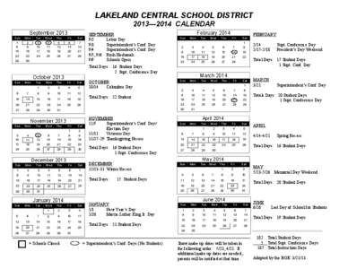 LAKELAND CENTRAL SCHOOL DISTRICT 2013—2014 CALENDAR September 2013 Sun  Mon