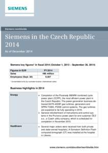 Siemens worldwide  Siemens in the Czech Republic 2014 As of December 2014