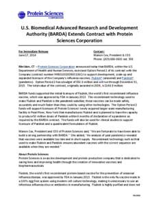 U.S. Biomedical Advanced Research and Development Authority (BARDA) Extends Contract with Protein Sciences Corporation For Immediate Release June 17, 2014