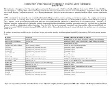 NOTIFICATION OF THE PRESENCE OF ASBESTOS IN BUILDINGS AT CSU NORTHRIDGE JANUARY 2014 This notification is being provided to University employees pursuant to the requirements of California Health and Safety Code, Section 