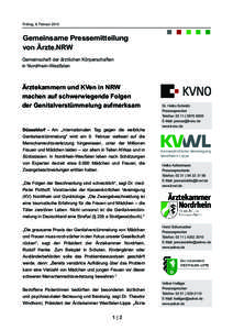 Freitag, 6. Februar[removed]Gemeinsame Pressemitteilung von Ärzte.NRW Gemeinschaft der ärztlichen Körperschaften in Nordrhein-Westfalen