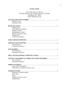 1 STYLE GUIDE The Catholic Historical Review 320 Mullen Library, The Catholic University of America Washington, DC[removed]Email: CHR [at] cua.edu