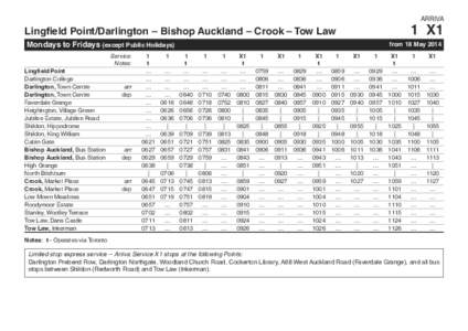 ARRIVA  1 X1 Lingfield Point/Darlington – Bishop Auckland – Crook – Tow Law Mondays to Fridays (except Public Holidays)