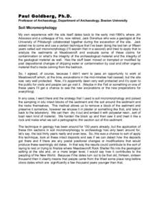 Paul Goldberg / Year of birth missing / Sedimentology / Meadowcroft Rockshelter / Soil / Organic matter / Pennsylvania / Sediment / Chemistry / Geology / Environmental soil science
