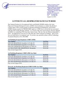 LETTER TO ALL RESPIRATOR MANUFACTURERS, August 22, 2014