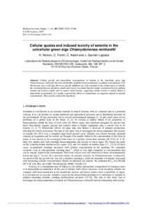 Radioprotection, Suppl. 1, volS101-S106 © EDP Sciences, 2005 DOI: radiopro:2005s1-016 Cellular quotas and induced toxicity of selenite in the unicellular green alga Chlamydomonas reinhardtii