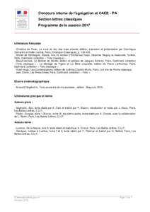 Concours interne de l’agrégation et CAER - PA Section lettres classiques Programme de la session 2017 Littérature française - Christine de Pizan, Le Livre du duc des vrais amants, édition, traduction et présentati