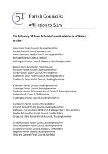 Parish Councils: Affiliation to 51m The following 52 Town & Parish Councils wish to be affiliated to 51m Amersham Town Council, Buckinghamshire Austley Parish Council, Warwickshire Aston Sandford Parish Council, Buckingh