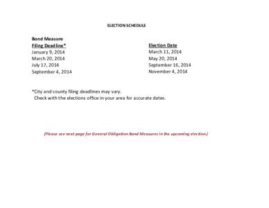 ELECTION SCHEDULE  Bond Measure Filing Deadline* January 9, 2014 March 20, 2014