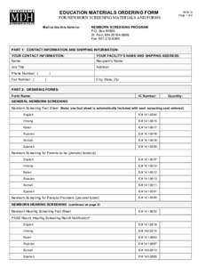 Newborn Screening Education Materials Ordering Form