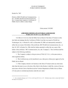 STATE OF VERMONT PUBLIC SERVICE BOARD Docket No[removed]Petition of MCI WorldCom Communications, Inc., and MCI WorldCom Network Services,