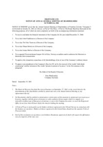 FRONTLINE LTD NOTICE OF ANNUAL GENERAL MEETING OF SHAREHOLDERS OCTOBER 26, 2001 NOTICE IS HEREBY given that the Annual General Meeting of Shareholders of Frontline Ltd (the “Company”) will be held on October 26, 2001