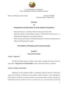Lao People Democratic Republic Peace Independence Democracy Equality Prosperity Ministry of Planning and Investment  Number 0707/MPI