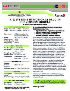 A123SYSTEMS HYMOTION L5 PLUG-IN CONVERSION MODULE IN PRODUCTION / AVAILABLE IN CANADA BATTERY SPECIFICATIONS