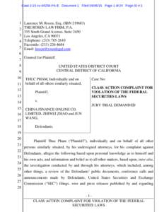 Case 2:15-cvPA-E Document 1 FiledPage 1 of 24 Page ID #:1  1 Laurence M. Rosen, Esq. (SBNTHE ROSEN LAW FIRM, P.A. 355 South Grand Avenue, SuiteLos Angeles, CA 90071