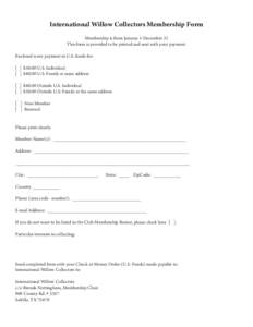 International Willow Collectors Membership Form Membership is from Januray 1-December 31 This form is provided to be printed and sent with your payment. Enclosed is my payment in U.S. funds for: [ ] $30.00 U.S. Individua