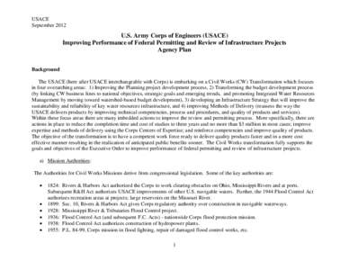 USACE September 2012 U.S. Army Corps of Engineers (USACE) Improving Performance of Federal Permitting and Review of Infrastructure Projects Agency Plan