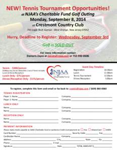 NEW! Tennis Tournament Opportunities! at NJAA’s Charitable Fund Golf Outing Monday, September 8, 2014 at Crestmont Country Club