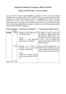 “Enhanced Productivity Programme: [removed]” Booklet Report on EPP Savings – Overseas Offices Total value of EPP savings in[removed]: $5.344 m, equivalent to 2.2% of total recurrent baseline expenditure in that year w