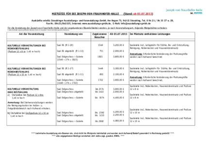 MIETSÄTZE FÜR DIE JOSEPH-VON-FRAUNHOFER-HALLE  (Stand: abAuskünfte erteilt: Straubinger Ausstellungs- und Veranstaltungs GmbH, Am Hagen 75, 94315 Straubing, Tel 27 o. 28, Fax-Nr