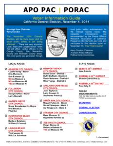 APO PAC | PORAC Voter Information Guide California General Election, November 4, 2014 Message from from Chairman