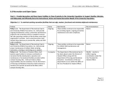 UNIVERSITY OF FLORIDA  EVALUATION AND APPRAISAL REPORT 6.0 Recreation and Open Space Goal 1: Provide Recreation and Open Space Facilities In Close Proximity to the University Population to Support Healthy Lifestyles,