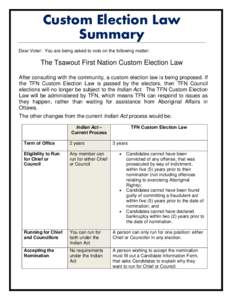 Custom Election Law Summary Dear Voter: You are being asked to vote on the following matter: The Tsawout First Nation Custom Election Law After consulting with the community, a custom election law is being proposed. If