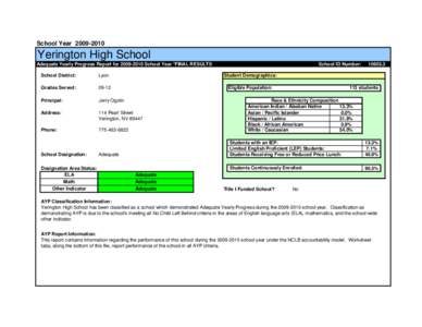 School Year[removed]Yerington High School Adequate Yearly Progress Report for[removed]School Year *FINAL RESULTS  School ID Number: