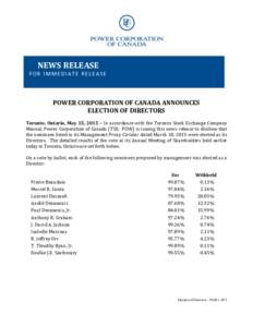 NEWS RELEASE  FOR IMMEDIATE RELEASE POWER CORPORATION OF CANADA ANNOUNCES ELECTION OF DIRECTORS