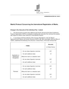 INFORMATION NOTICE NO[removed]Madrid Protocol Concerning the International Registration of Marks Change in the Amounts of the Individual Fee: Iceland 1.