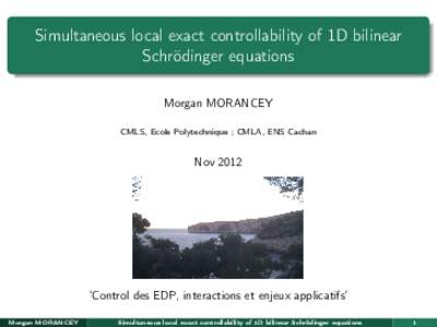 Simultaneous local exact controllability of 1D bilinear Schrödinger equations Morgan MORANCEY CMLS, Ecole Polytechnique ; CMLA, ENS Cachan  Nov 2012