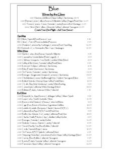 Blue Wines by the Glass 2007 Newton Unfiltered , Napa Valley Chardonnay[removed]Patricia Green Cellars Reserve, Willamette Valley Oregon Pinot Noir[removed]Ferrari-Carano Tresor, Sonoma County Reserve Red Meritage 