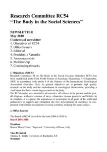 Research Committee RC54 “The Body in the Social Sciences” NEWSLETTER May 2010 Contents of newsletter 1. Objectives of RC54