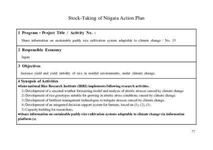 Stock-Taking of Niigata Action Plan 1 Program・Project Title / Activity No. : Share information on sustainable paddy rice cultivation system adaptable to climate change / No[removed]Responsible Economy Japan