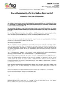MEDIA RELEASE FSG Australia Office: 20 Railway Street, Southport Qld 4215 Media Enquiries: Community Announcement - For Immediate Release