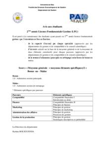 Université de Sfax Faculté des Sciences Economiques et de Gestion Département de Gestion Avis aux étudiants 2ème année Licence Fondamentale Gestion (LFG)