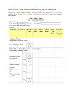 Monthly and Daily Sanitation Monitoring Record Examples Following are example sanitation monitoring forms based on frequency of monitoring the 8 key areas of sanitation. These example forms are only one way to record san